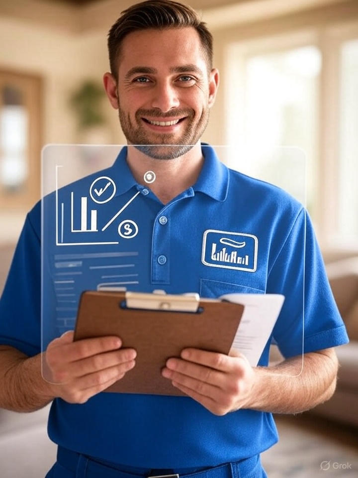 Home Services contractor holding a clipboard happy with AI automation - showing upward revenue trend in the overlay