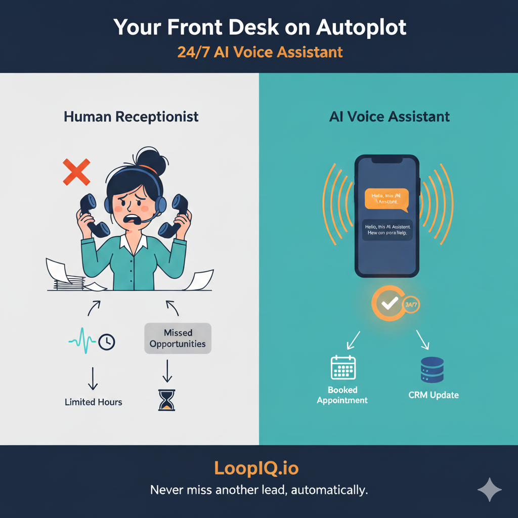 Side-by-side infographic comparing a human receptionist to an AI Voice Assistant. On the left, a stressed woman with multiple phone receivers, labeled "Human Receptionist," points to "Limited Hours" and "Missed Opportunities." On the right, a smartphone displays an AI chat bubble saying "Hello, this LoopIQ.io AI," with arrows pointing to "Booked Appointment" and "CRM Update." The heading is "Your Front Desk on Autopilot: 24/7 AI Voice Assistant." The bottom features the LoopIQ.io logo and the caption "Never miss another lead, automatically.