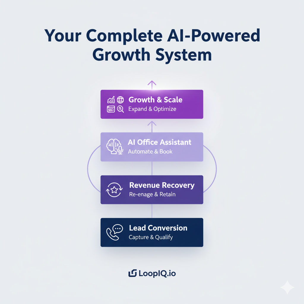 Vertical infographic showing a 4-tiered "Your Complete AI-Powered Growth System." The tiers from bottom to top are: 1) Lead Conversion (Capture &amp; Qualify, with phone and chat icons), 2) Revenue Recovery (Re-engage &amp; Retain, with star and message icons), 3) AI Office Assistant (Automate &amp; Book, with AI head and calendar icons), and 4) Growth &amp; Scale (Expand &amp; Optimize, with growth chart and globe icons). Curved arrows connect the tiers, showing progression. The bottom features the LoopIQ.io logo