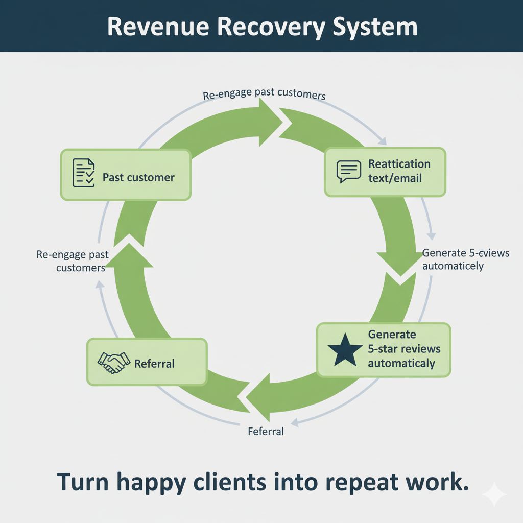 Circular infographic titled "Revenue Recovery System." The loop shows "Past customer" (document icon) leading to "Reactivation text/email" (message icon), then to "Review request" (star icon), then to "Referral" (handshake icon), and finally back to "Past customer." Green curved arrows indicate the flow. The caption below reads: "Turn happy clients into repeat work.