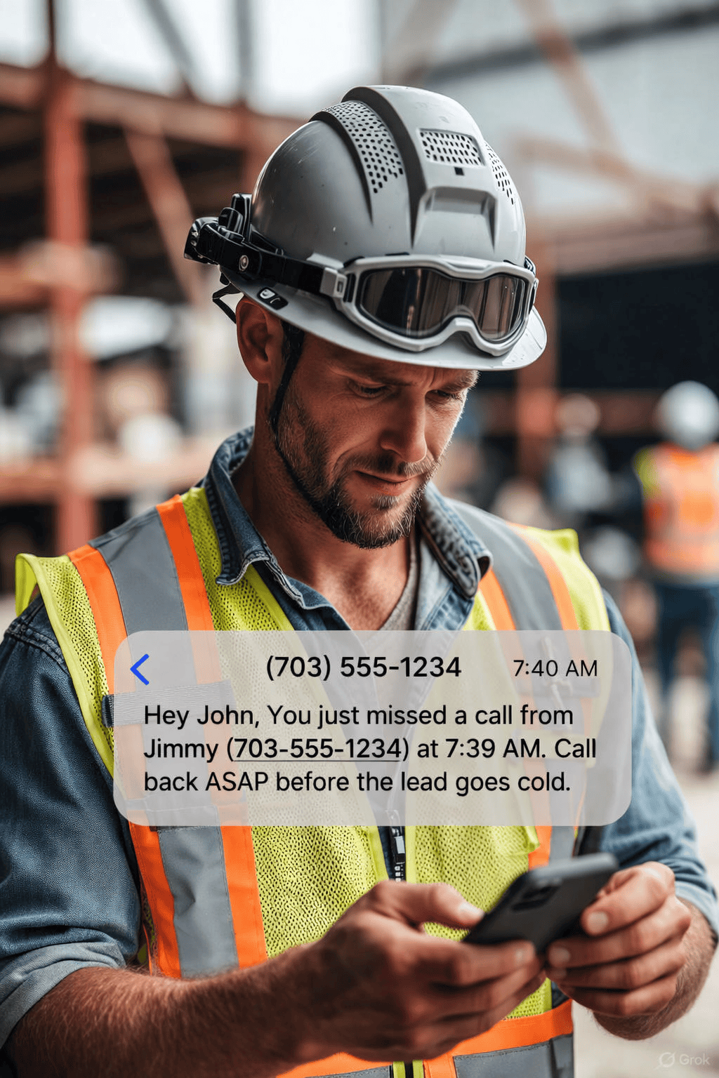 Construction worker in safety gear looking at phone with a missed call alert prompting a quick callback to a lead.